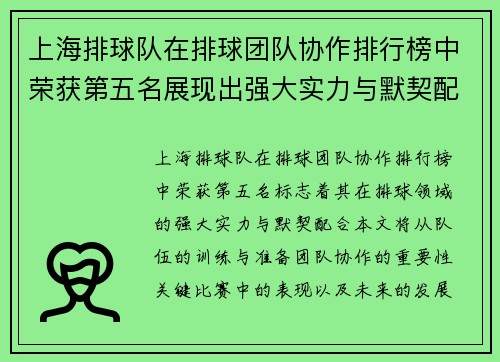 上海排球队在排球团队协作排行榜中荣获第五名展现出强大实力与默契配合